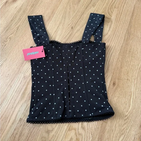 NEW Edikted Marcella Wide Strap Mesh Corset Black White Polka Dot XS - Picture 7 of 11